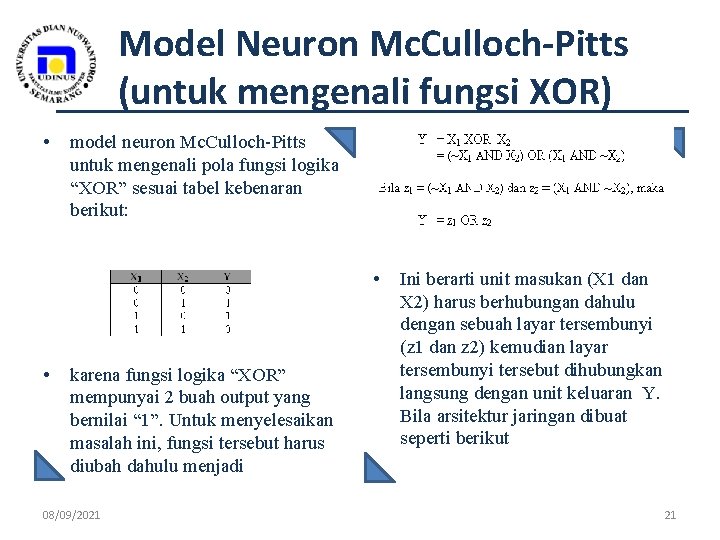 Model Neuron Mc. Culloch-Pitts (untuk mengenali fungsi XOR) • model neuron Mc. Culloch-Pitts untuk