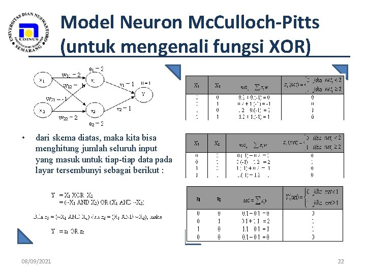 Model Neuron Mc. Culloch-Pitts (untuk mengenali fungsi XOR) • dari skema diatas, maka kita