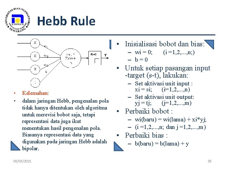 Hebb Rule • Inisialisasi bobot dan bias: – wi = 0; – b=0 (i