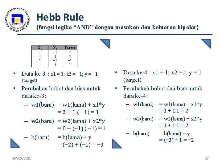 Hebb Rule (fungsi logika “AND” dengan masukan dan keluaran bipolar) • Data ke-3 :