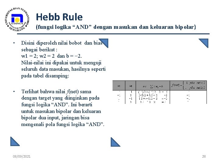 Hebb Rule (fungsi logika “AND” dengan masukan dan keluaran bipolar) • Disini diperoleh nilai