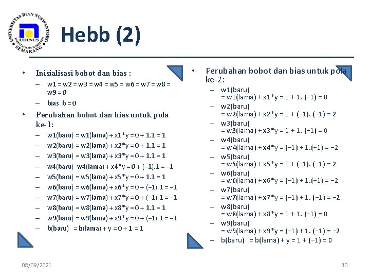 Hebb (2) • Inisialisasi bobot dan bias : – w 1 = w 2