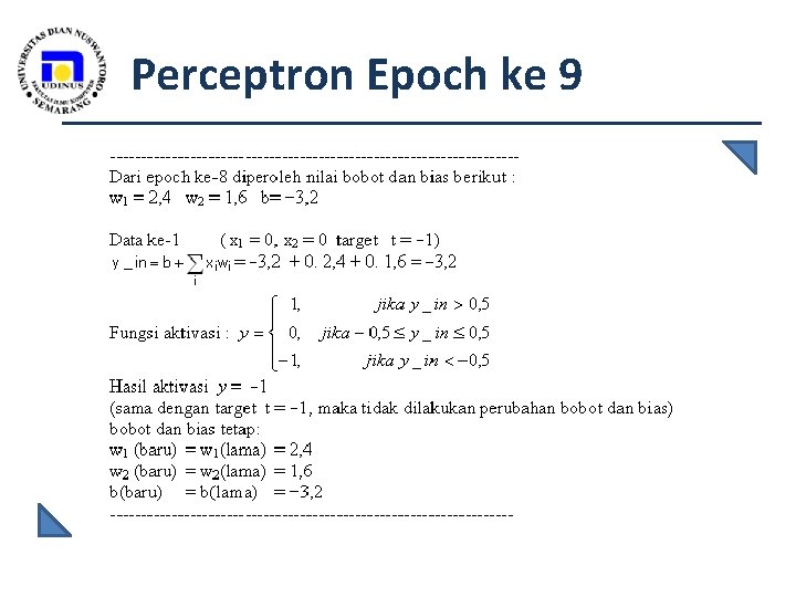 Perceptron Epoch ke 9 