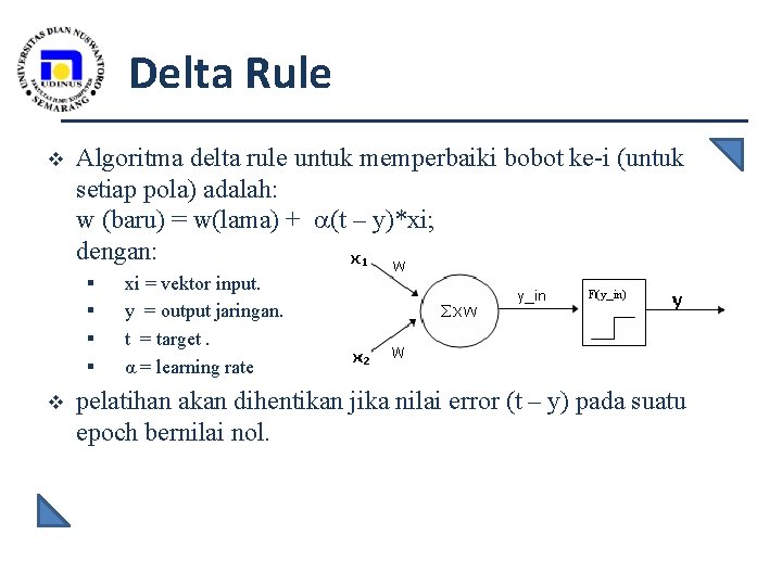 Delta Rule v Algoritma delta rule untuk memperbaiki bobot ke-i (untuk setiap pola) adalah: