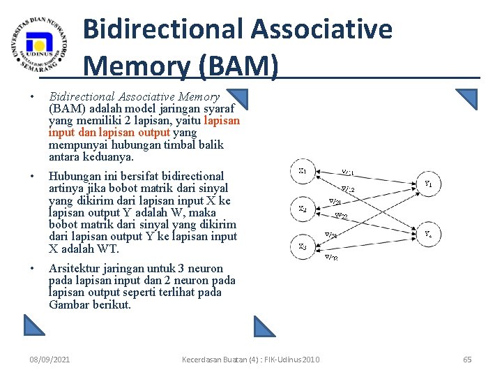 Bidirectional Associative Memory (BAM) • Bidirectional Associative Memory (BAM) adalah model jaringan syaraf yang