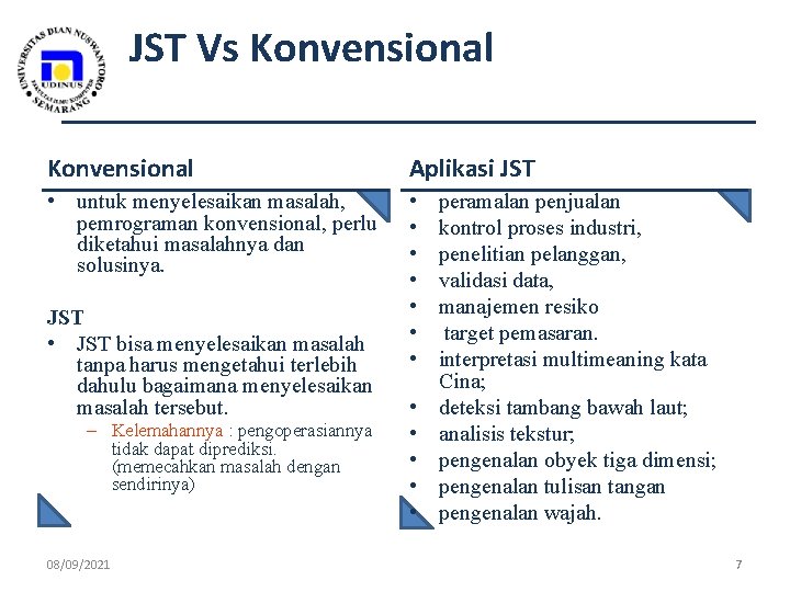 JST Vs Konvensional Aplikasi JST • untuk menyelesaikan masalah, pemrograman konvensional, perlu diketahui masalahnya