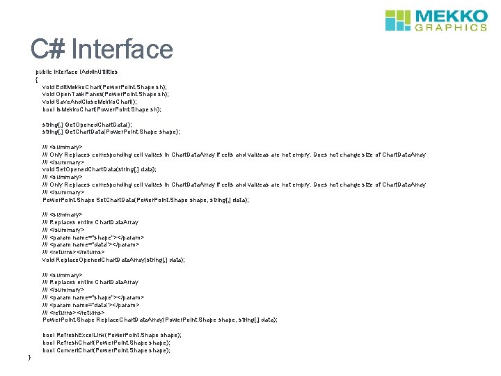 C# Interface public interface IAdd. In. Utilities { void Edit. Mekko. Chart(Power. Point. Shape