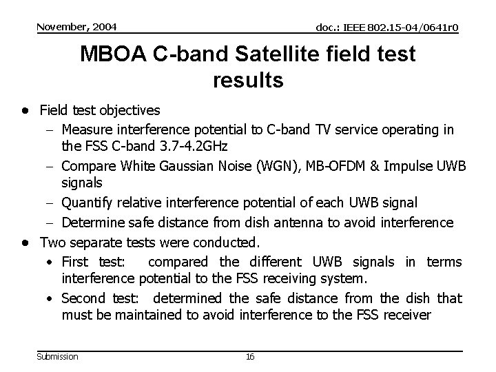 November, 2004 doc. : IEEE 802. 15 -04/0641 r 0 MBOA C-band Satellite field