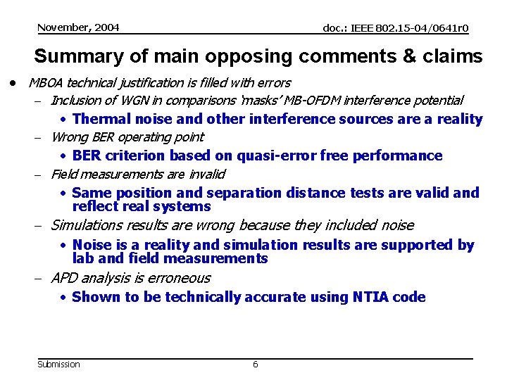November, 2004 doc. : IEEE 802. 15 -04/0641 r 0 Summary of main opposing