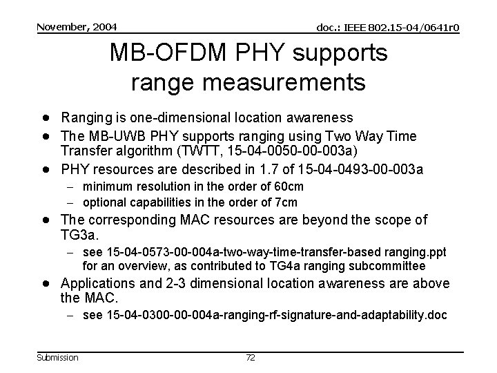 November, 2004 doc. : IEEE 802. 15 -04/0641 r 0 MB-OFDM PHY supports range