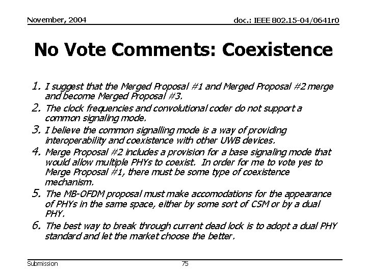 November, 2004 doc. : IEEE 802. 15 -04/0641 r 0 No Vote Comments: Coexistence