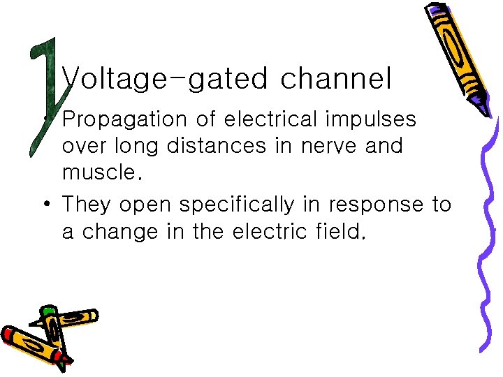 Voltage-gated channel • Propagation of electrical impulses over long distances in nerve and muscle.