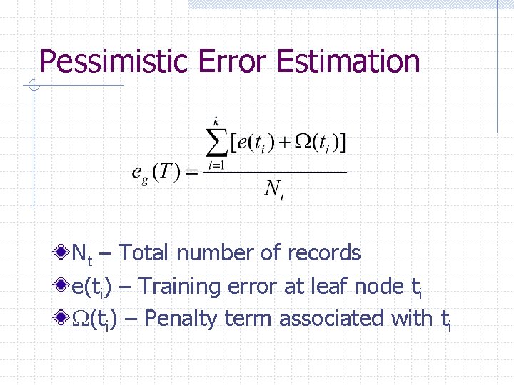 Pessimistic Error Estimation Nt – Total number of records e(ti) – Training error at