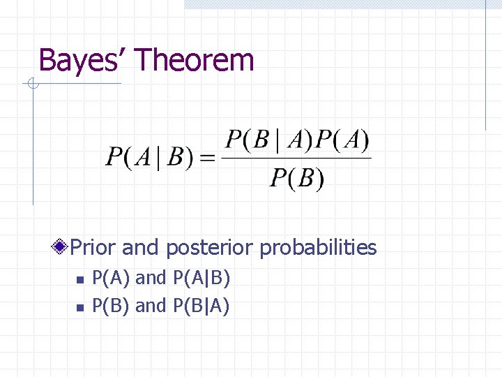 Bayes’ Theorem Prior and posterior probabilities n n P(A) and P(A|B) P(B) and P(B|A)