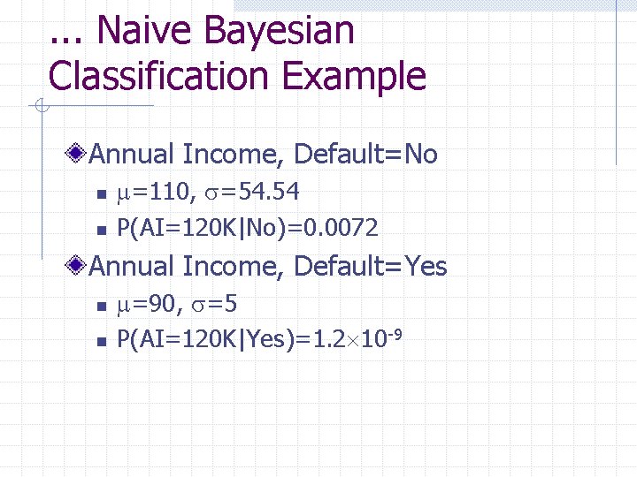 . . . Naive Bayesian Classification Example Annual Income, Default=No n n =110, =54.