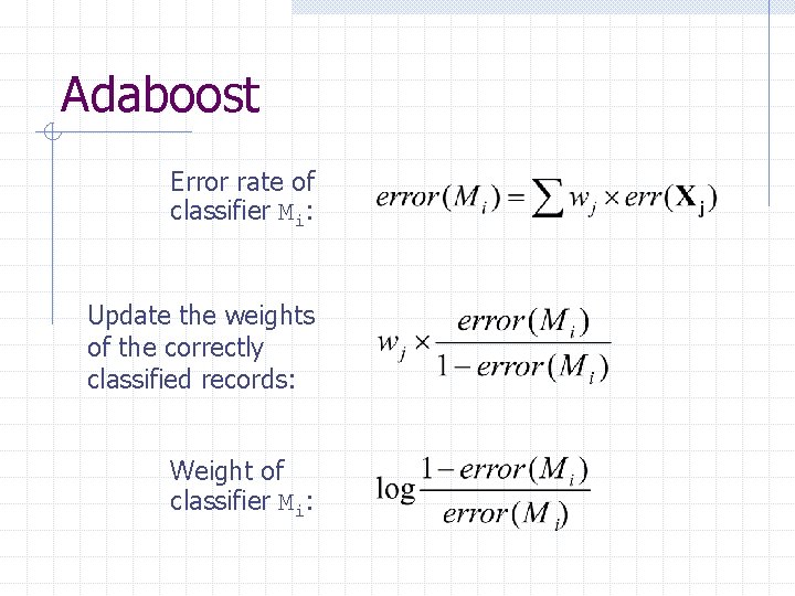 Adaboost Error rate of classifier Mi: Update the weights of the correctly classified records: