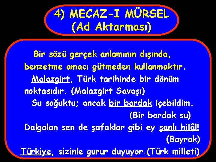 4) MECAZ-I MÜRSEL (Ad Aktarması) Bir sözü gerçek anlamının dışında, benzetme amacı gütmeden kullanmaktır.