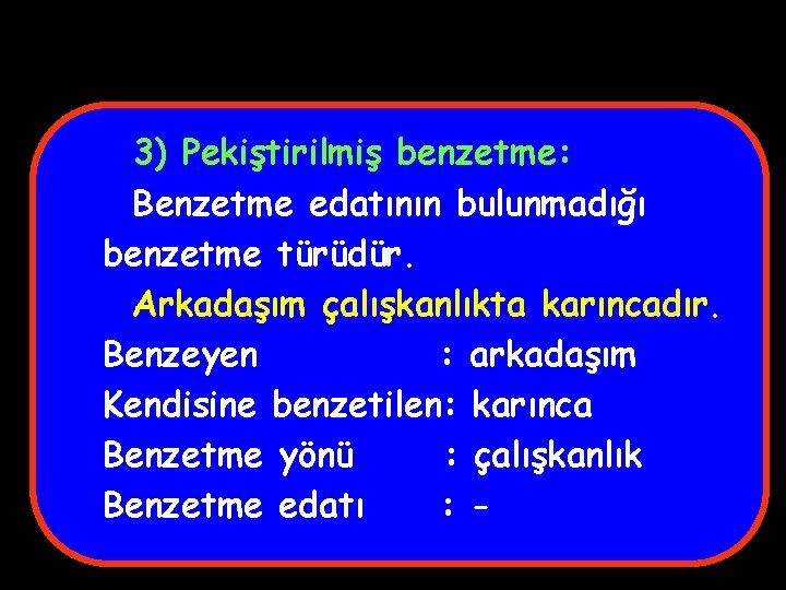 3) Pekiştirilmiş benzetme: Benzetme edatının bulunmadığı benzetme türüdür. Arkadaşım çalışkanlıkta karıncadır. Benzeyen : arkadaşım