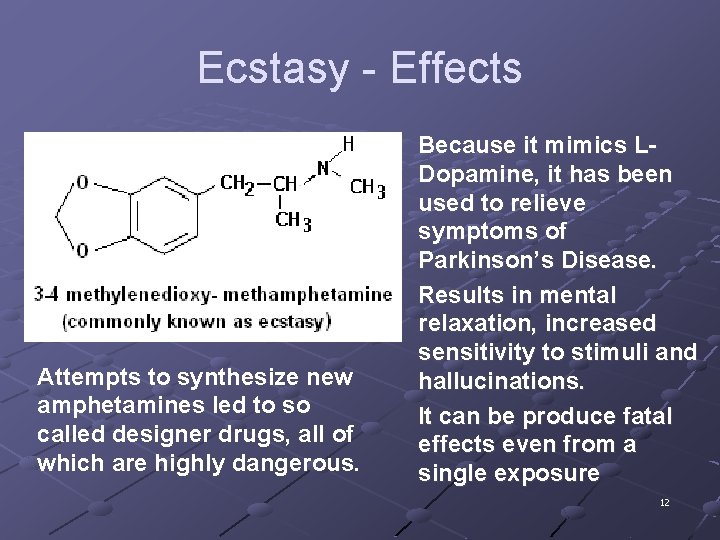 Ecstasy - Effects Attempts to synthesize new amphetamines led to so called designer drugs,