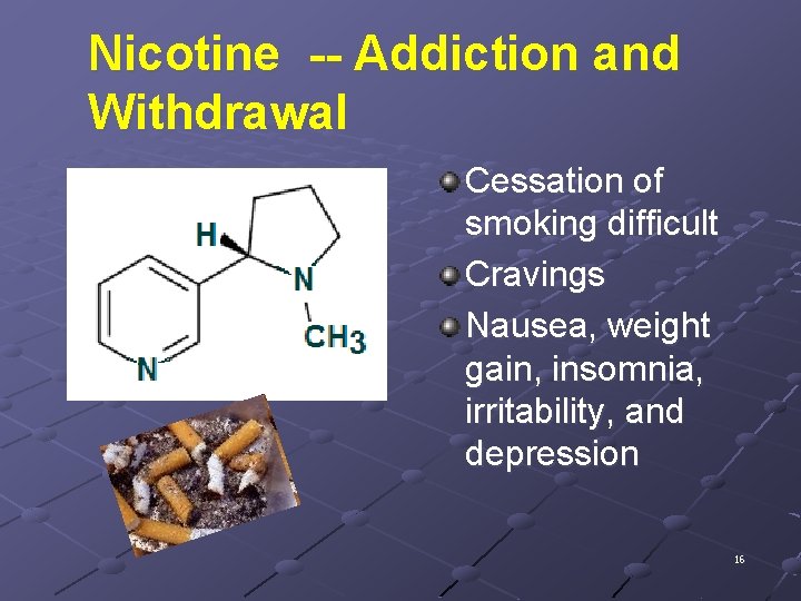 Nicotine -- Addiction and Withdrawal Cessation of smoking difficult Cravings Nausea, weight gain, insomnia,