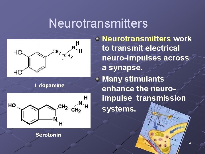 Neurotransmitters L dopamine Neurotransmitters work to transmit electrical neuro-impulses across a synapse. Many stimulants