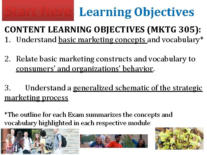 Start Here Learning Objectives CONTENT LEARNING OBJECTIVES (MKTG 305): 1. Understand basic marketing concepts Start Here Learning Objectives CONTENT LEARNING OBJECTIVES (MKTG 305): 1. Understand basic marketing concepts