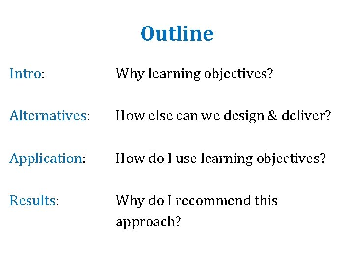 Outline Intro: Why learning objectives? Alternatives: How else can we design & deliver? Application: Outline Intro: Why learning objectives? Alternatives: How else can we design & deliver? Application: