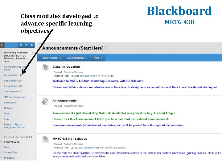 Class modules developed to advance specific learning objectives Blackboard MKTG 438 Class modules developed to advance specific learning objectives Blackboard MKTG 438