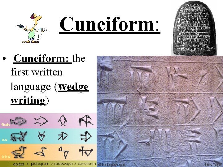 Cuneiform: • Cuneiform: the first written language (wedge writing) 