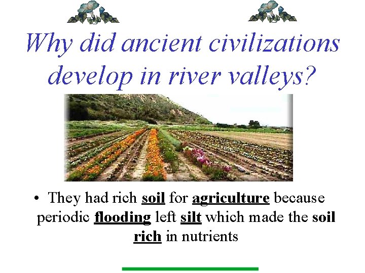 Why did ancient civilizations develop in river valleys? • They had rich soil for