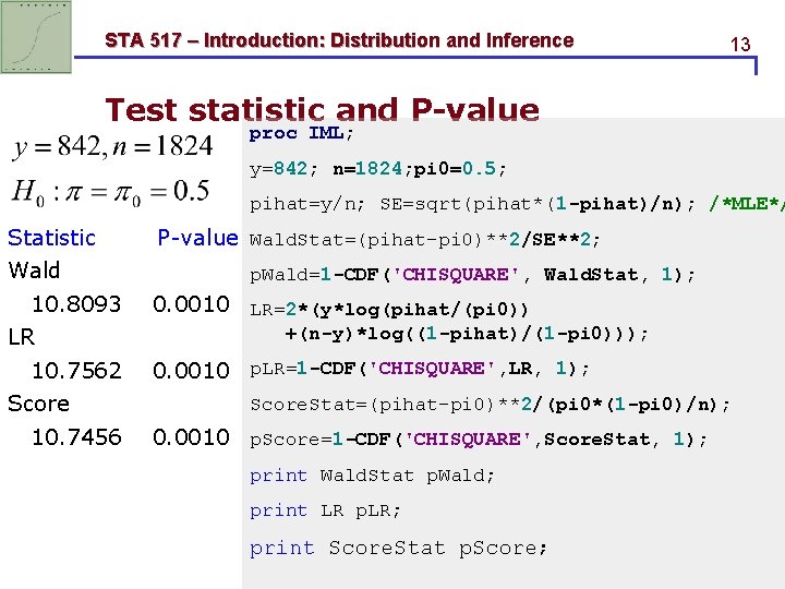 STA 517 – Introduction: Distribution and Inference 13 Test statistic and P-value proc IML; STA 517 – Introduction: Distribution and Inference 13 Test statistic and P-value proc IML;
