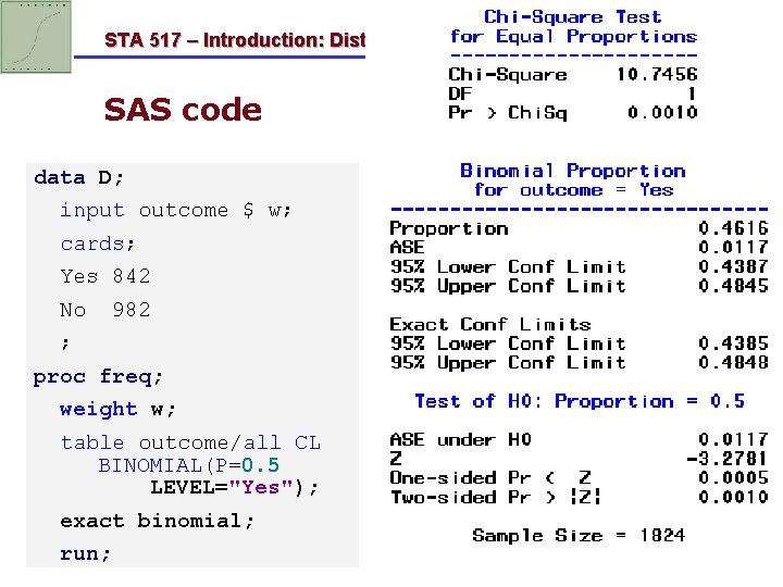 STA 517 – Introduction: Distribution and Inference SAS code data D; input outcome $ STA 517 – Introduction: Distribution and Inference SAS code data D; input outcome $