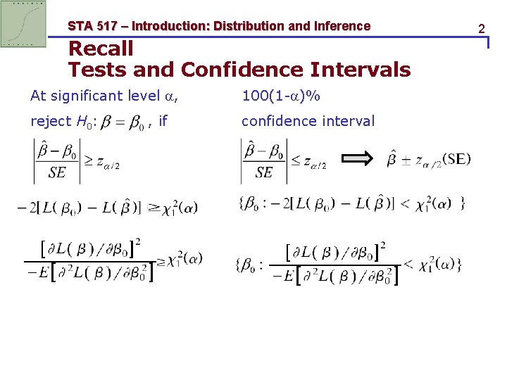 STA 517 – Introduction: Distribution and Inference Recall Tests and Confidence Intervals At significant STA 517 – Introduction: Distribution and Inference Recall Tests and Confidence Intervals At significant