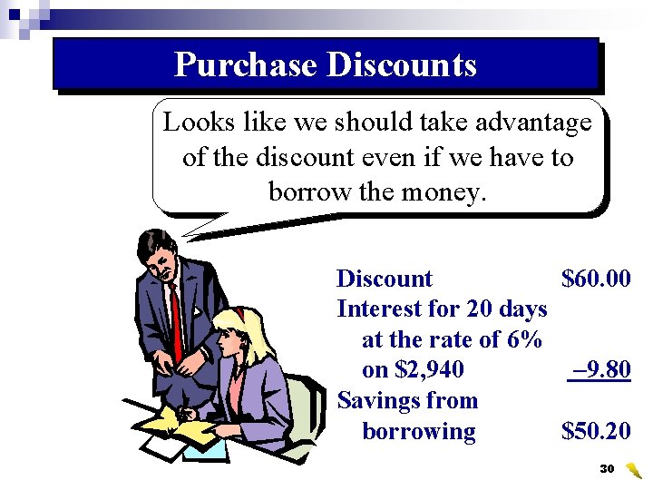 Purchase Discounts Looks like we should take advantage of the discount even if we