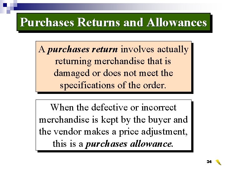 Purchases Returns and Allowances A purchases return involves actually returning merchandise that is damaged