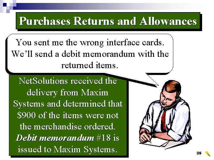 Purchases Returns and Allowances You sent me the wrong interface cards. We’ll send a