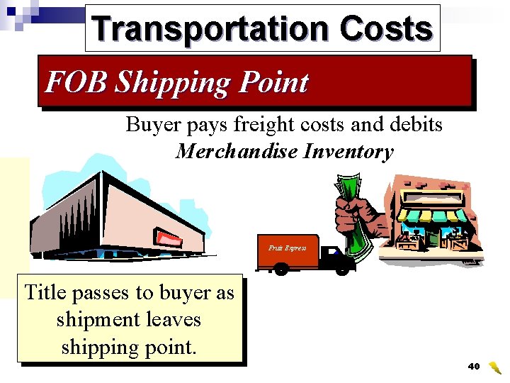 Transportation Costs FOB Shipping Point Buyer pays freight costs and debits Merchandise Inventory Fruit
