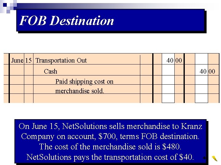 FOB Destination June 15 Transportation Out Cash 40 00 Paid shipping cost on merchandise