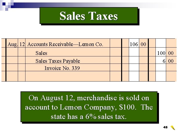 Sales Taxes Aug. 12 Accounts Receivable—Lemon Co. 106 00 Sales Taxes Payable Invoice No.