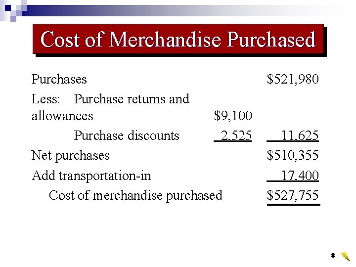 Cost of Merchandise Purchased Purchases Less: Purchase returns and allowances $9, 100 Purchase discounts