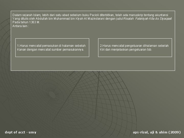 Dalam sejarah Islam, lebih dari satu abad sebelum buku Pacioli diterbitkan, telah ada manuskrip
