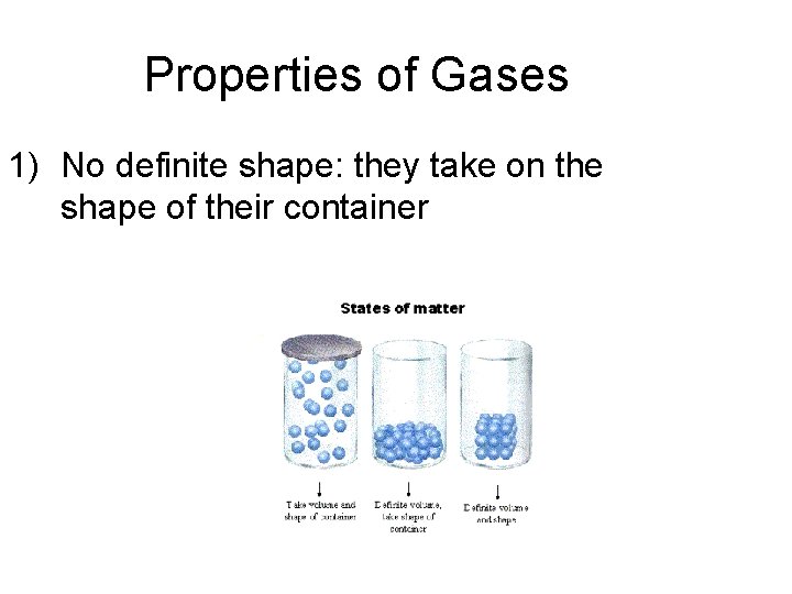 Properties of Gases 1) No definite shape: they take on the shape of their