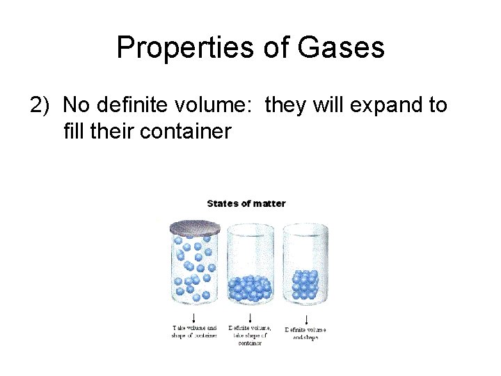 Properties of Gases 2) No definite volume: they will expand to fill their container