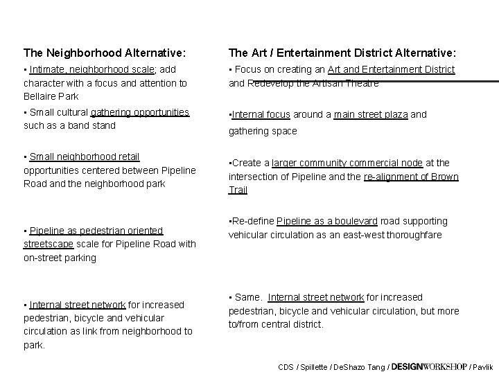 The Neighborhood Alternative: The Art / Entertainment District Alternative: • Intimate, neighborhood scale; add