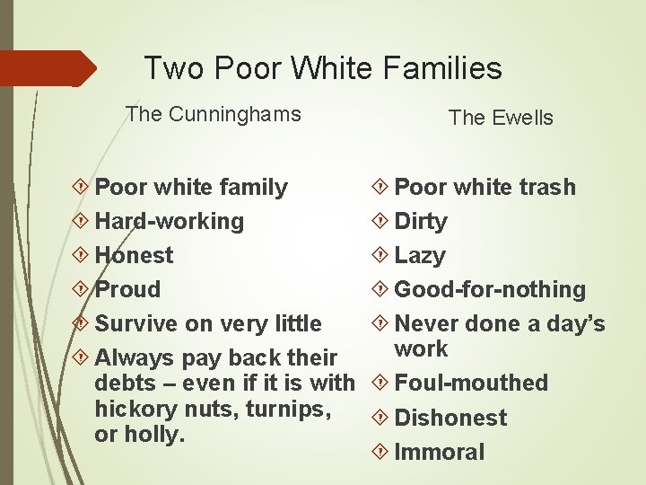 Two Poor White Families The Cunninghams Poor white family Hard-working Honest Proud Survive on