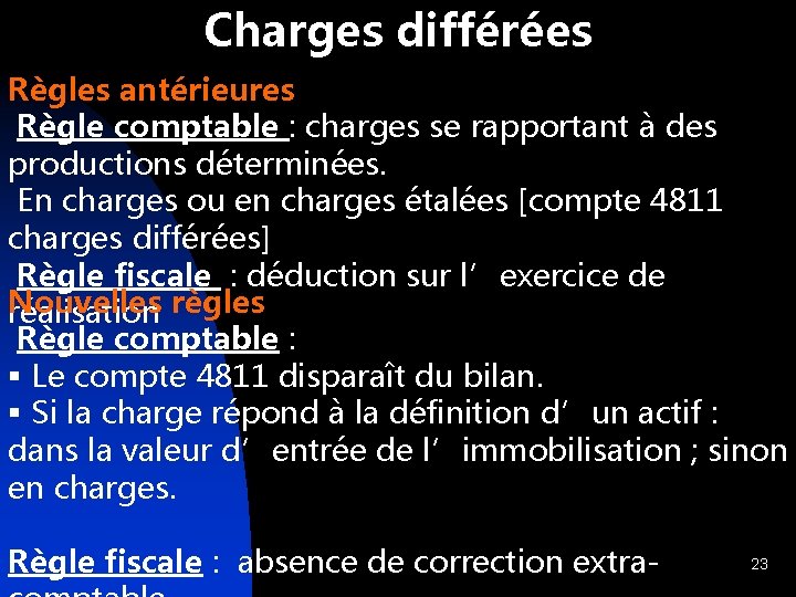 Charges différées Règles antérieures Règle comptable : charges se rapportant à des productions déterminées.