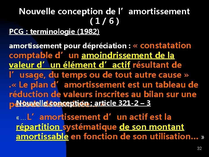 Nouvelle conception de l’amortissement (1/6) PCG : terminologie (1982) amortissement pour dépréciation : «