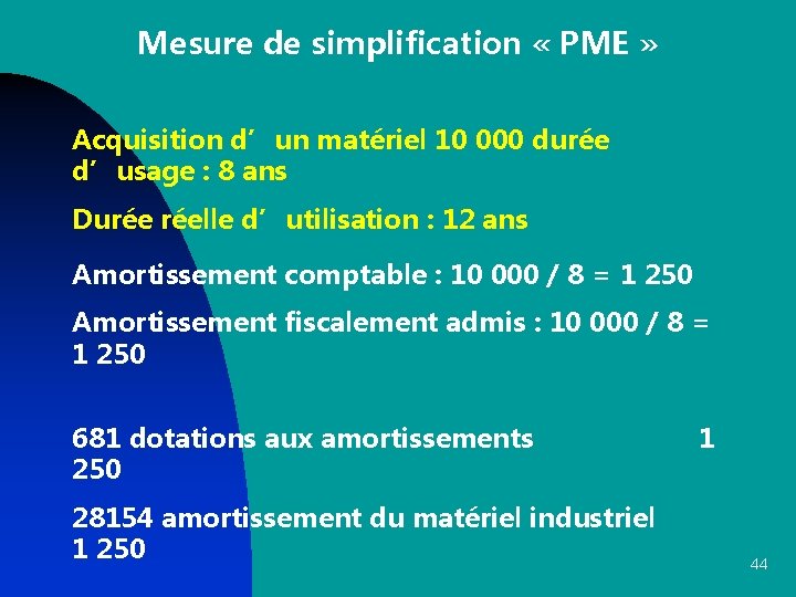 Mesure de simplification « PME » Acquisition d’un matériel 10 000 durée d’usage :