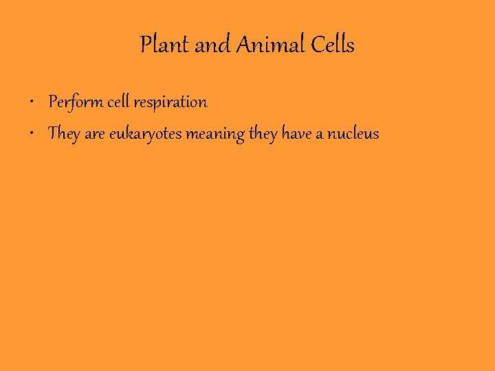 Plant and Animal Cells • Perform cell respiration • They are eukaryotes meaning they