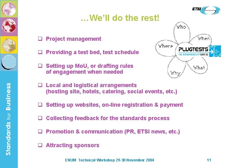 …We’ll do the rest! q Project management q Providing a test bed, test schedule